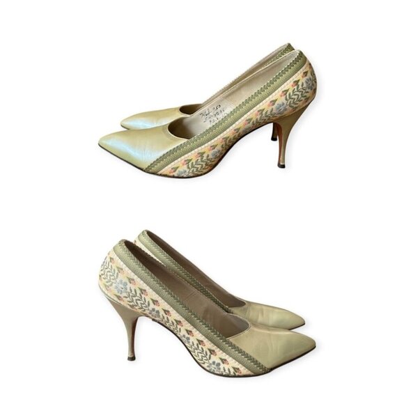 Vintage I. Miller Pumps 7.5B –Green Pearlized Leather & Floral Tapestry, 1950s - Picture 15 of 15